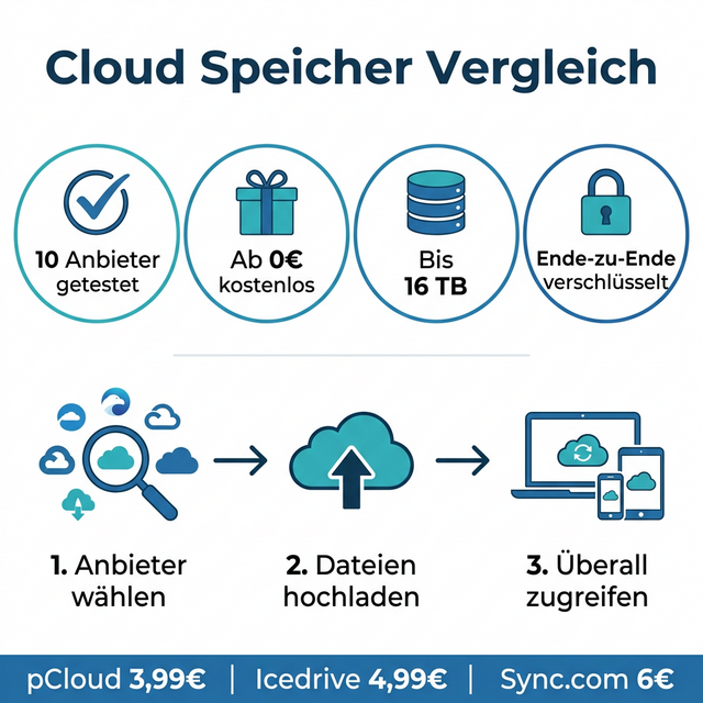 Cloud Speicher Vergleich Infografik – 10 Anbieter, ab 0€ kostenlos, bis 16 TB, E2E-Verschlüsselung
