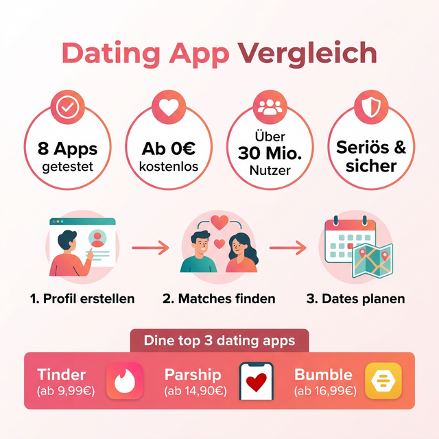 Dating App Vergleich Infografik – 8 Apps, ab 0€ kostenlos, über 30 Mio. Nutzer