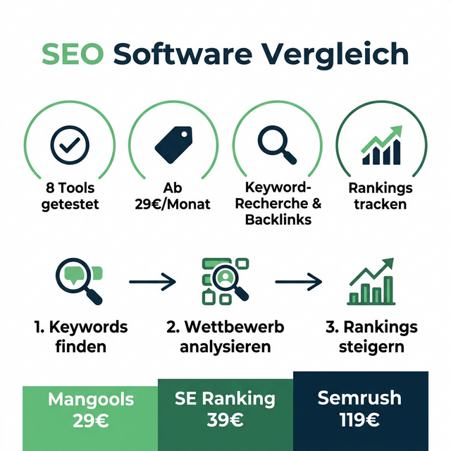 SEO Software Vergleich Infografik – 8 Tools, ab 29€/Monat, Keyword-Recherche & Backlinks